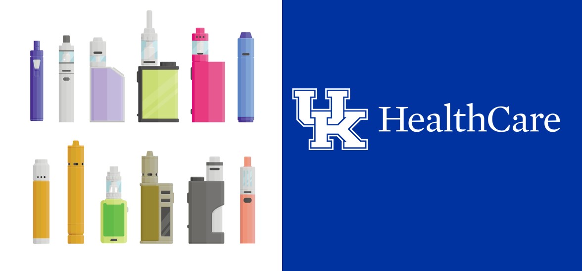Illustration of vaping devices juxtaposed with the UK HealthCare logo.
