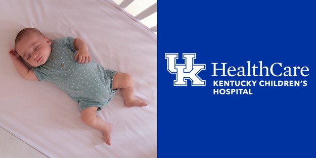 Infant sleeping in a crib, juxtaposed with the UK HealthCare Kentucky Children's Hospital logo.