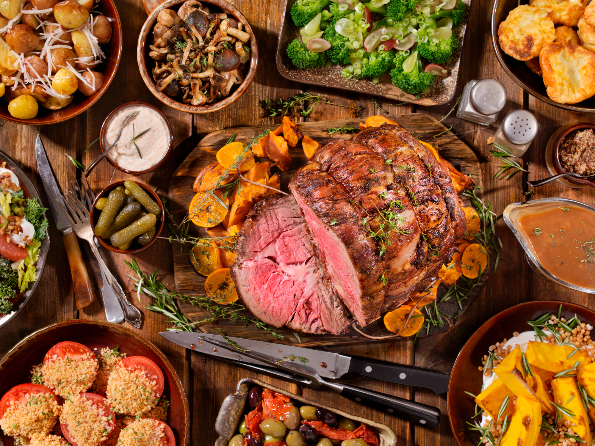 A roast beef dinner with complementary dishes served during the holidays.