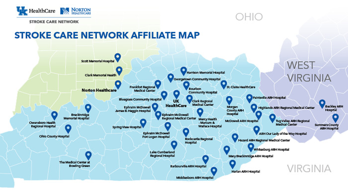 A map showing Stroke Care Network Affiliates.