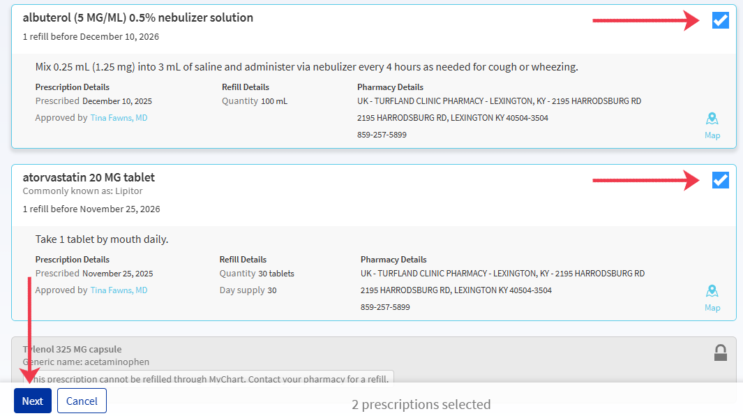 Step 3 screenshot to request refills in MyChart