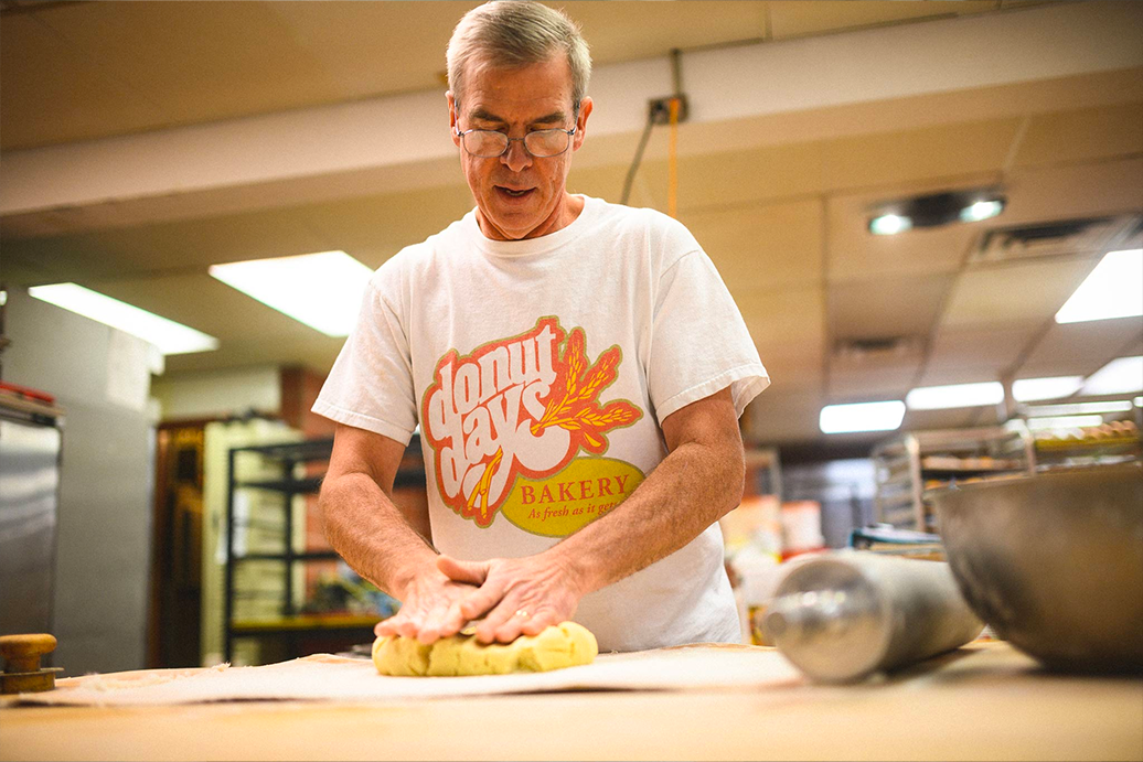 Fred Wohlstein kneads dough at his bakery.