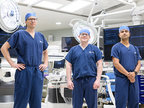 Left to right: Michael Bounds, MD; Nathan Orr, MD; and Samuel Tyagi, MD in the operating room.