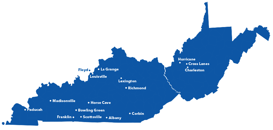 Transplant Center Affiliate map showing locations in Kentucky, West Virginia and Indiana.