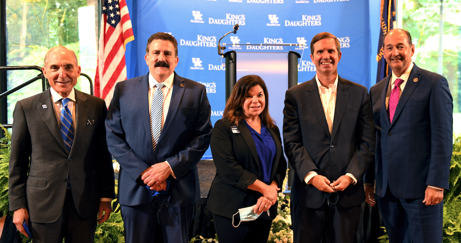 Gov. Andy Beshear and senior advisor Rocky Adkins (far right) joined UK President Dr. Eli Capilouto, UK Executive Vice President for Health Affairs Dr. Mark Newman and King's Daughters CEO Kristie Whitlach to celebrate the new partnership.