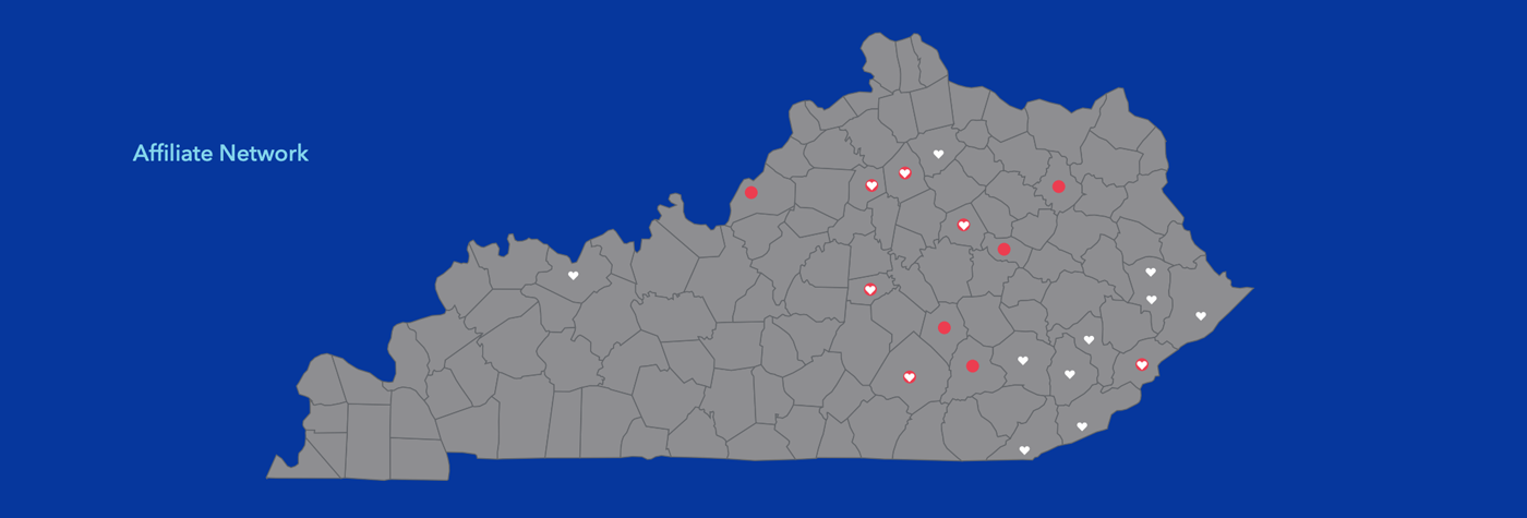 A map of Kentucky showing locations of Gill Affiliate Network members.