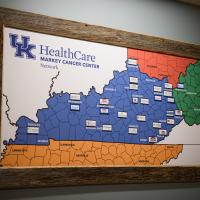 A map of Kentucky with the locations of partner hospitals for the UK HealthCare Markey Cancer Center Network.
