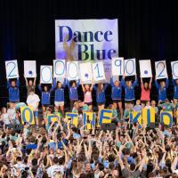A wide-shot of DanceBlue volunteers holding signs that read “$2,000,190.20” and “For the kids” respectively.