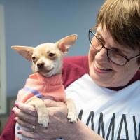 Debbie holds and smiles at her chihuahua wearing a coral colored knit sweater.