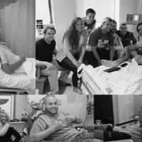 Grid of black-and-white images of Trent in the hospital during his treatments, showing friends visiting him. He is wearing a hospital gown and long brown hair in some images. In others, his hair is shaved off.